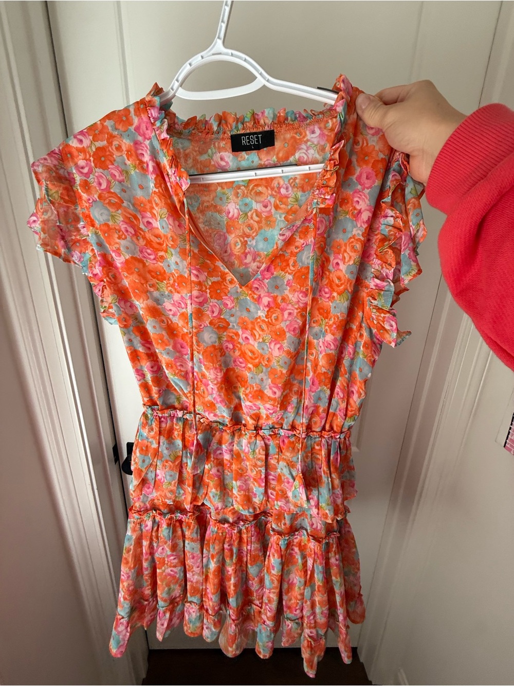 The Reset Floral Ruffle Mini Dress in Orange and Pink